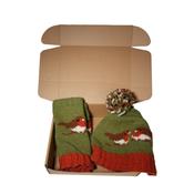 Pure Wool Hand Knitted Robin Design NK008 Green Beanie and Handwarmers