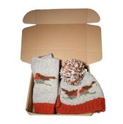 Pure Wool Hand Knitted Robin Design NK008PP Grey Beanie and Handwarmers