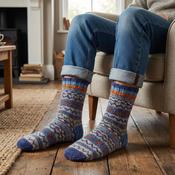 Pure Wool Hand Knit Chunky Warm Men's Winter Socks Fair Isle Design Heather Blue SCSK010