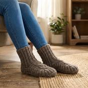 Pure Wool Hand Knitted Ladies Warm Chunky Slipper Socks Fleece-Lined Aran Cable Pattern NKSS001 - Cosy Life Ireland