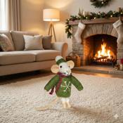 Handmade Wool Felt Mouse Hanging Green Snowflake Jumper Ornament - Cosy Life Ireland image