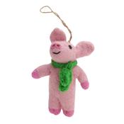Handmade Wool Felt Pig With Green Scarf Hanging Ornament