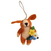 Handmade Wool Felt Ginger Dog Holding Flowers Hanging Ornament