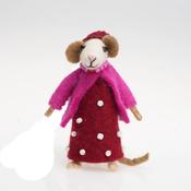 Handmade Wool Felt Mouse In Red Spotted Dress Hanging Ornament