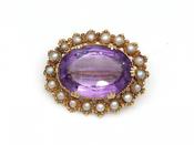 Antique Oval Amethyst &amp; Seed Pearl Brooch in Gold image
