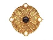 Etruscan Revival Garnet &amp; Pearl Locket Brooch in Yellow Gold image