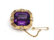 Amethyst &amp; Old Mine Cut Diamond Brooch in Yellow Gold image