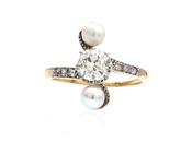 French Belle Époque Diamond &amp; Pearl Vertical Three Stone Ring image
