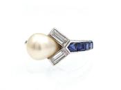 Art Deco pearl, diamond and sapphire asymmetric ring image