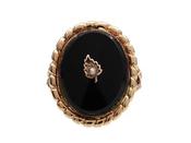Antique onyx and seed pearl leaf ring in yellow gold image