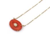 Retro carved coral and diamond necklace in 18kt gold image