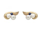 1960s Cultured Pearl &amp; Sapphire Clip-On Earrings in Gold image