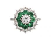 Vintage Diamond &amp; Emerald Target Cluster Ring in 18kt White Gold image