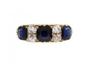 Antique Sapphire &amp; Diamond Carved Ring in 18kt Yellow Gold image