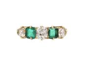 Victorian Diamond &amp; Emerald Five Stone Carved Ring image