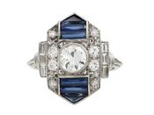 Art Deco Diamond &amp; Sapphire Hexagonal Plaque Ring in Platinum image