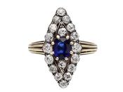 1890s Sapphire &amp; Diamond Navette Cluster Ring in Silver on 18kt Gold image