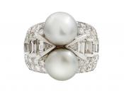 Retro double pearl and diamond cocktail ring in 18kt white gold image