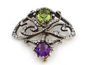 Art Nouveau Peridot, Amethyst &amp; Diamond Brooch in Silver on Gold image