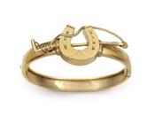 Victorian horse shoe and jockey crop hinged bangle in 15kt gold image