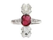 Art Deco Ruby &amp; Diamond Vertical Three Stone Ring in White Gold image
