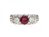 Vintage ruby and diamond three stone ring in 18kt white gold image