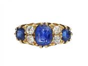 Antique Ceylon Sapphire &amp; Diamond Three Stone Ring in 18kt Gold image