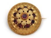 Antique Etruscan Revival Garnet Set Flower Brooch in 18kt Gold image