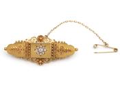 Victorian Etruscan Revival Diamond Set Plaque Brooch in 15kt Yellow Gold image