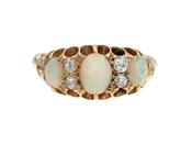 Antique Opal &amp; Diamond Three Stone Carved Ring in 18kt Gold image