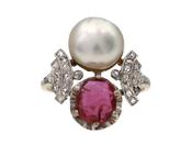 Antique Ruby &amp; Pearl Two Stone Ring in Platinum &amp; Yellow Gold image