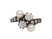 French Antique Diamond &amp; Natural Pearl Four Stone Ring in Silver on Gold image