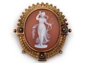 Antique Shell Cameo Brooch Pendant of Diana the Huntress in Gold image
