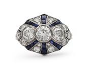 Art Deco Diamond &amp; Calibre Sapphire Bombe Cluster Ring in Platinum image