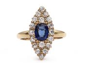 Antique Sapphire &amp; Diamond Navette Ring in 18kt Yellow Gold image