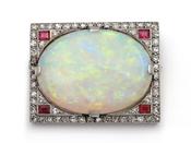 Art Deco Opal, Diamond &amp; Ruby Rectangular Brooch image