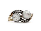 Antique Diamond &amp; Natural Pearl Toi et Moi Twist Ring image