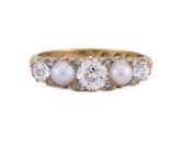 Victorian Diamond And Pearl Five Stone Carved Ring In 18kt Yellow Gold image