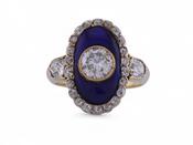 Victorian Diamond Set Oval Blue Enamel Plaque Ring In 15kt Yellow Gold image