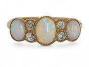 Antique Opal &amp; Diamond Three Stone Carved Ring In 18kt Gold image