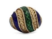 Italian retro green and royal blue enamel bombe ring in gold image