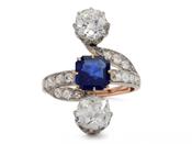 Edwardian sapphire and diamond vertical three stone ring in gold image