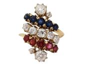 Retro Old Mine cut diamond, sapphire and ruby cluster ring in gold image