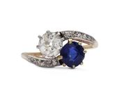 Edwardian sapphire and diamond two stone twist ring in gold image