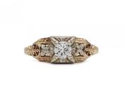 Vintage diamond solitaire engagement ring with floral motifs in gold image