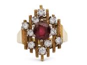 1970s ruby and diamond brutalist cluster ring in 18kt yellow gold image