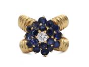 Retro diamond and sapphire crossover cluster ring in 18kt yellow gold image