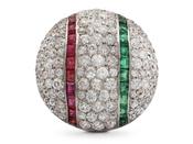 Art Deco large diamond, ruby and emerald circular domed cluster ring image