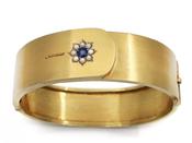 Antique sapphire and pearl wide hinged cuff bangle in gold image