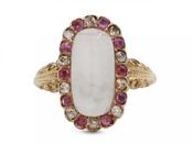 Belle Epoque moonstone, ruby and diamond oval cluster ring image